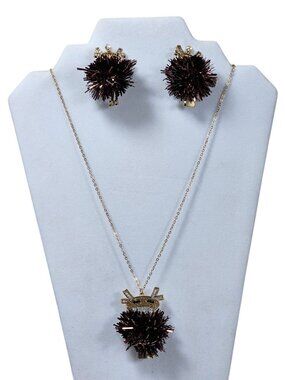 Reindeer Necklace & Earrings Set Brown Pom Pom Multi Color Rinestone Holiday